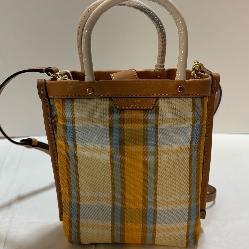 Tory Burch Mini Perry Mesh Plaid Mini Bag in Tan and Yellow NWT